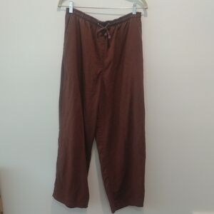 Linen Cotton Brown Wide Leg Pants with Drawstring Waist